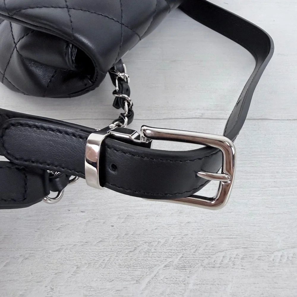 Chanel Uniform Flap Waist Belt Bag Black Quilted Calfskin Leather CC Silver